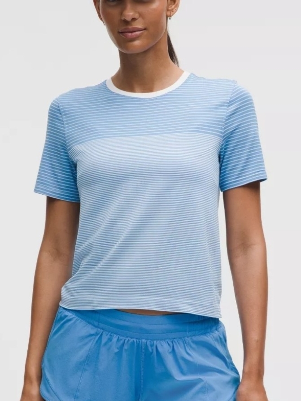 lululemon athletica Light Blue White Stripe Crewneck Tee